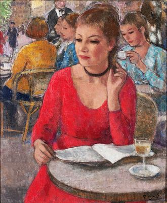 ** Francois Gall - ** Francois Gall 1912-1987 (French) Eugenie en rouge, lecture au cafe, Paris 