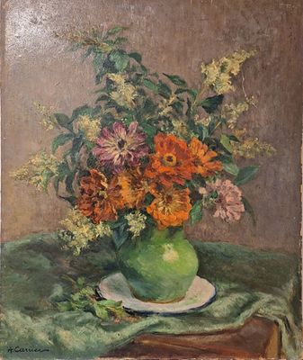 ** French School - ** French School Vase of flowers oil on panel 49x60 cm signed lower right 'A. 
