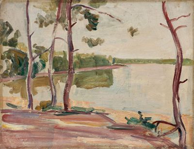** French School - ** French School 20th century Lake landscap oil on panel 27x35 cm inscribed 