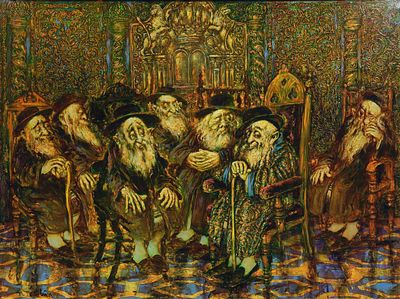 ** Mark Tochilkin - ** Mark Tochilkin b.1958 (Ukrainian, Israeli) Rabbis sitting oil on canvas 