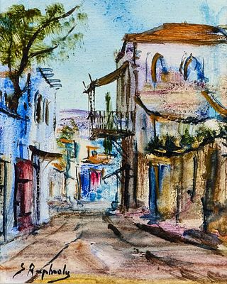 ** צבי רפאלי - ** Zvi Raphaeli 1924-2005 (Israeli) Street scene oil on board 17.40x14.30 cm signed 