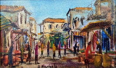 ** צבי רפאלי - ** Zvi Raphaeli 1924-2005 (Israeli) Street scene oil on board 13.80x22 cm signed 