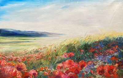 ** הובי - ** Huvy 1927-2022 (Israeli) Poppies in landscape oil on canvas 55x85 cm signed lower 