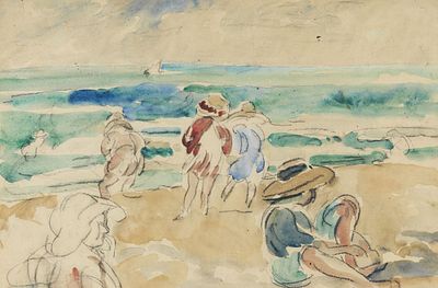** Louis Valtat - ** Louis Valtat 1869-1952 (French) Beach scene charcoal and watercolor on paper 