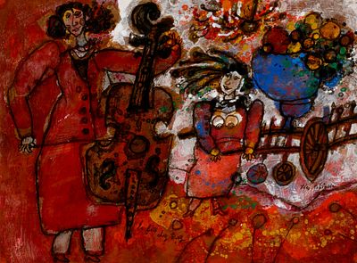 ** Theo Tobiasse - ** Theo Tobiasse 1927-2012 (French) The party at Boaz gouache on paper mounted 
