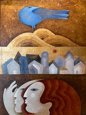 ** Sami Briss - ** Sami Briss b.1930 (Israeli, French) Village, bird and couple - Rare oil on 