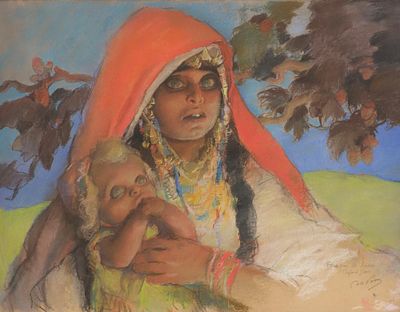 ** אבל פן - ** Abel Pann 1883-1963 (Latvian, Israeli) Mother and daughter pastel on paper 48x63 cm 