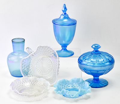 COLLECTION OF IRIDESCENT BLUE & OPALESCENT HOBNAIL PATTERN GLASSWARE. A collection of iridescent 