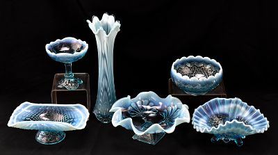 COLLECTION OF BLUE OPALESCENT PATTERN GLASSWARE. A collection of blue opalescent pattern glass 