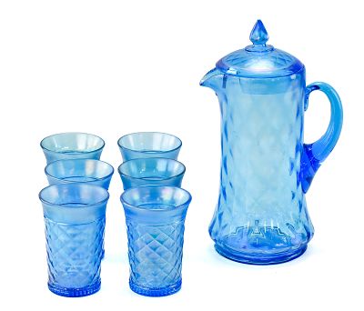NORTHWOOD IRIDESCENT CELESTE BLUE & DIAMOND PATTERN PITCHER & TUMBLERS SET. A Northwood 