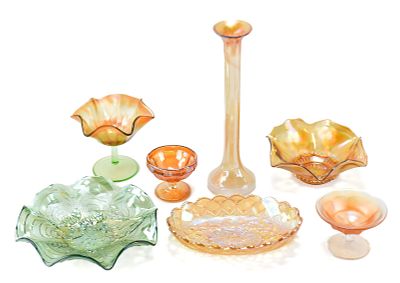 ASSORTED IRIDESCENT OR CARNIVAL PATTERN GLASS. An assortment of seven pieces of assorted colors 