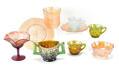 ASSORTMENT OF IRIDESCENT OR CARNIVAL GLASS. An assortment of nine pieces of iridescent or 