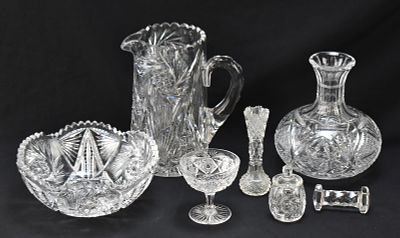 COLLECTION OF VINTAGE & ANTIQUE CUT CRYSTAL GLASS. Collection of seven pieces of vintage and 