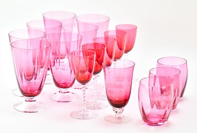 COLLECTION OF CRANBERRY GLASSWARE. A collection of cranberry glassware including cordial glasses 