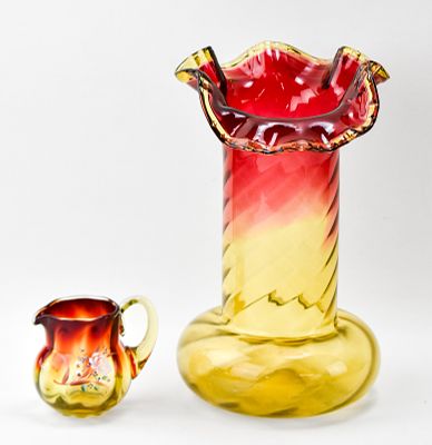 CZECH "HARRACH" AMBERINA GLASS VASE & PAIRPOINT CREAMER. A Czech "Harrach" marked amberina glass 