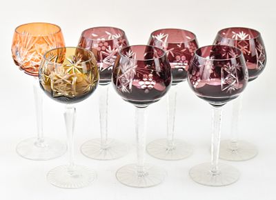 BOHEMIAN CUT-TO-CLEAR AMETHYST, SMOKY, & TANGERINE GLASS STEM GOBLETS. A set of Bohemian 