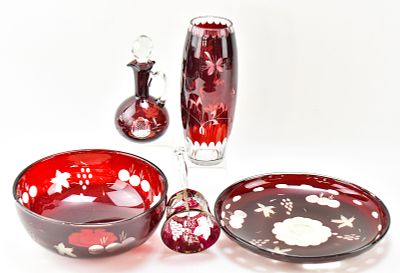 COLLECTION OF CZECH RUBY CUT-TO-CLEAR CRYSTAL TABLEWARE. A collection of seven pieces Czech ruby 