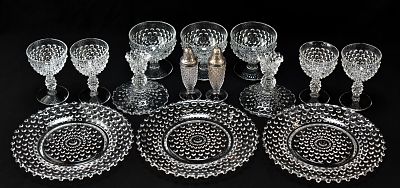COLLECTION OF DUNCAN MILLER CLEAR HOBNAIL PATTERN GLASS TABLEWARE. A collection of Duncan Miller 