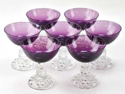SET OF FOSTORIA "AMERICAN LADY" AMETHYST COUPE GLASSES. Set of seven Fostoria "American Lady" 