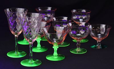 COLLECTION OF MCDONALD WORKS "WATERMELON" URANIUM GLASS STEMWARE . A collection of assorted 
