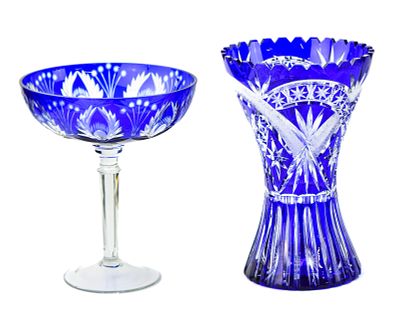 BOHEMIAN CUT-TO-CLEAR COBALT GLASS COMPOTE & VASE. A Bohemian cut-to-clear glass pedestal 