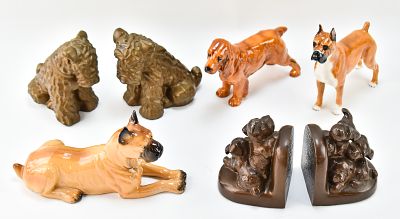 ASSORTED CAST METAL DOG BOOKENDS & FIGURINES. An assortment of two pairs of cast metal terrier 