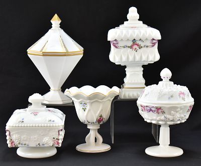 COLLECTION OF WESTMORELAND MILK-GLASS LIDDED CANDY JARS. A collection of five Westmoreland 