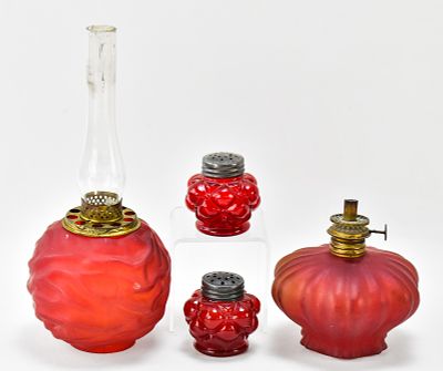 VICTORIAN MINIATURE FROSTED CRANBERRY GLASS OIL LAMP & MORE. A Victorian miniature frosted 