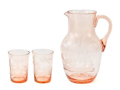 PINK-TANGERINE BLOWN GLASS PITCHER & TUMBLERS WITH ELK & BIRD WILDLIFE ETCHINGS. A 