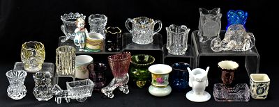 ASSORTED PATTERN & CUT GLASS & PORCELAIN TOOTHPICK HOLDERS. An assortment of toothpick holders 