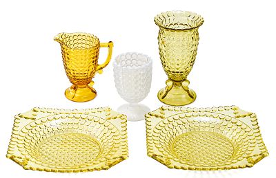 COLLECTION OF "THOUSAND EYE" AMBER GLASSWARE & MORE. Collection of four pieces of "Thousand Eye" 