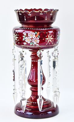 VICTORIAN RUBY GLASS & ENAMEL PAINTED MANTEL LUSTRE. A Victorian ruby glass mantel lustre, with 