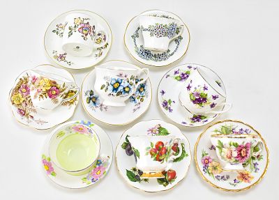 EIGHT BONE CHINA CUPS & SAUCERS. Eight bone china cups and saucers from Rosina, Victoria 