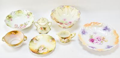 COLLECTION OF ANTIQUE R.S. PRUSSIA CHINA. Includes a cream and sugar set, two bowls with rose 