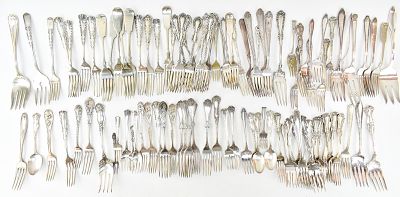 ASSORTED SILVERPLATE FORKS. An assortment of silverplate forks, serving forks, dessert and 
