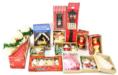 VINTAGE CHRISTMAS CANDLES IN ORIGINAL BOXES: GURLEY, COLUMBIA WAX WORKS, PEACOCK BRAND, & MORE. T 