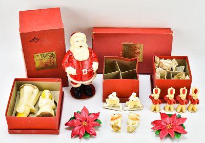 VINTAGE TAVERN CHRISTMAS CANDLES: SANTA CLAUS, TOY SOLDIERS, FAWNS, & MORE. This lot includes 