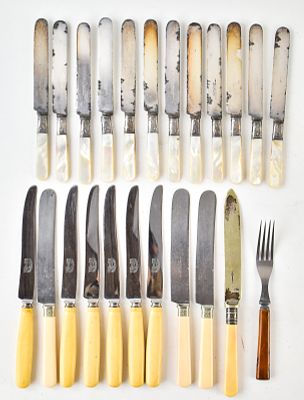 COLLECTION OF SILVERPLATE DINNER KNIVES. A collection of silverplate dinner knives with faux 