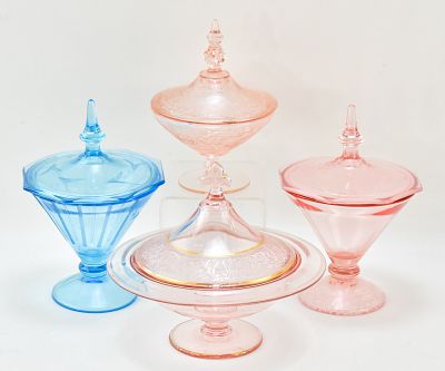 DEPRESSION GLASS CANDY JARS: TIFFIN, CAMBRIDGE, & LANCASTER GLASS (ATTR.). This lot includes the 