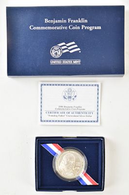 2006 U.S. MINT BENJAMIN FRANKLIN COMMEMORATIVE UNCIRCULATED SILVER DOLLAR. A 2006 Benjamin 