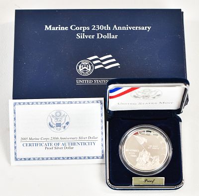 2005 UNITED STATES MINT MARINE CORPS 230TH ANNIVERSARY PROOF SILVER DOLLAR. A 2005 United States 