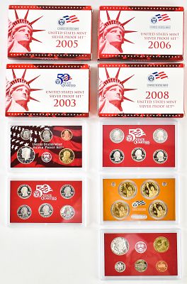 2003, 2005, 2006, & 2008 UNITED STATES MINT SILVER PROOF SETS. A collection of four United 