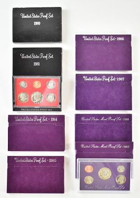 COLLECTION OF EIGHT PROOF SETS FROM 1980S. This lot contains a collection of eight proof sets 