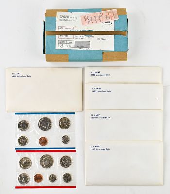 FIVE 1980 UNCIRCULATED UNITED STATES COIN SETS. This lot includes five 1980 uncirculated coin 