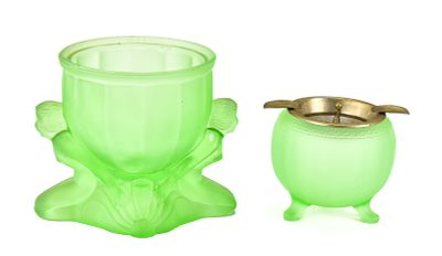 ART DECO SATIN GLASS JAR & ASHTRAY BOWL. A pair of green satin glass 1920s art deco pieces 