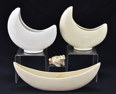 ASSORTED CRESCENT MOON VASES & FLOWER FROG. An assortment of crescent moon vases and a stoneware 