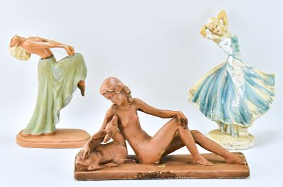 THREE VINTAGE ART DECO CHALKWARE STATUETTES. This lot includes three vintage Art Deco unmarked 