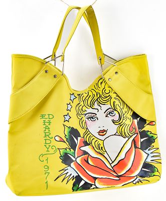 1971 ED HARDY VERONICA ROSE YELLOW NYLON TOTE BAG. A 1971 Ed Hardy yellow nylon tote bag with a 