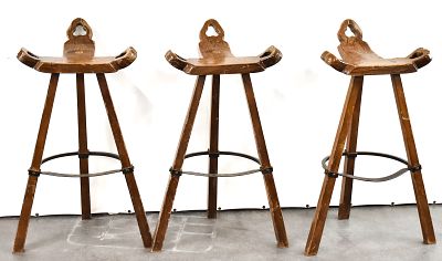 "MARBELLA" BRUTALIST BAR STOOLS. Set of three circa 1970 Sergio Rodrigues "Marbella" style 