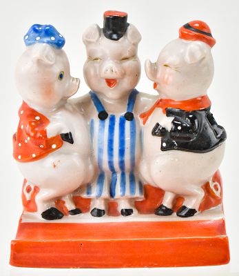 "THREE LITTLE PIGS" HAND PAINTED BISQUE TOOTHBRUSH HOLDER. A "Three Little Pigs" hand painted 
